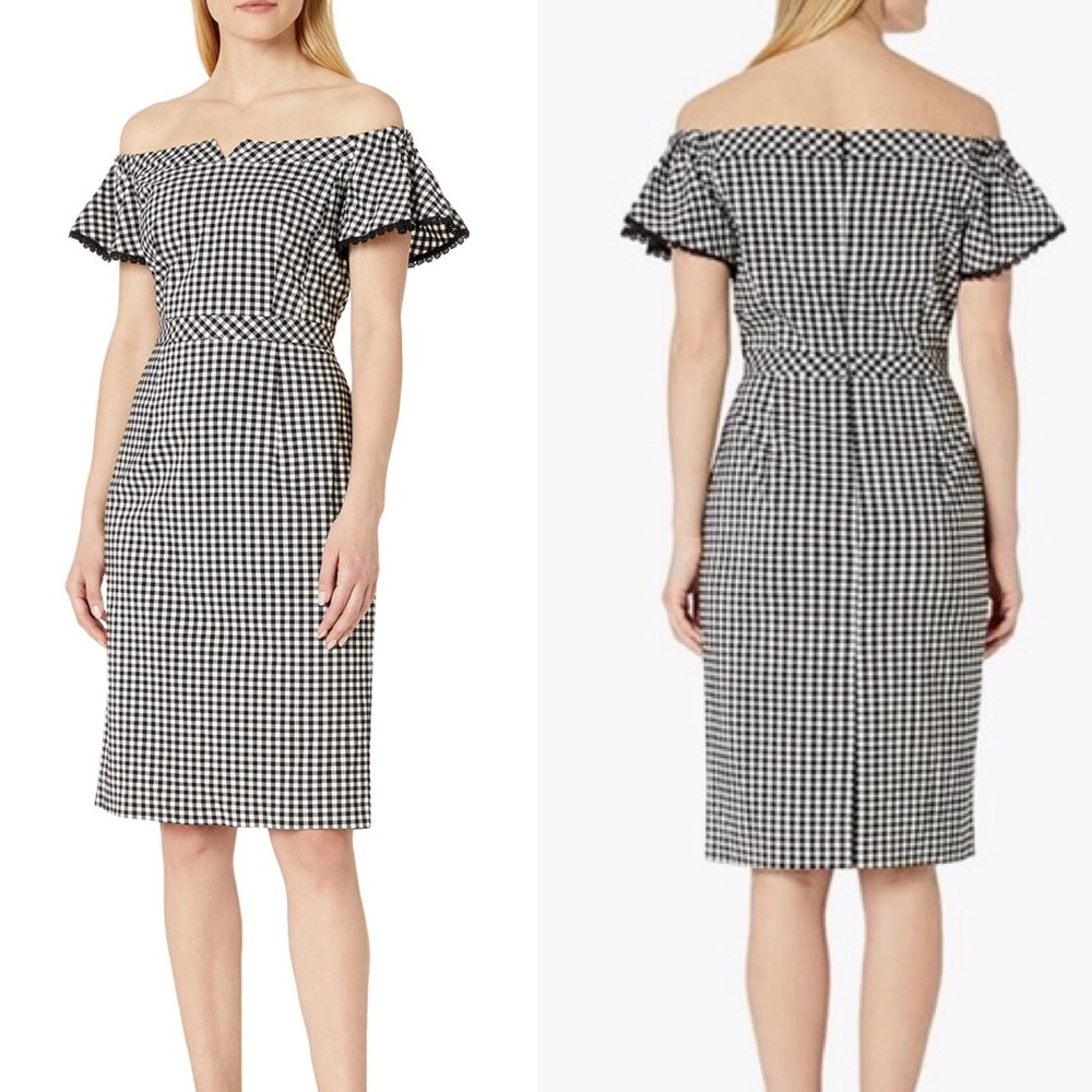 Nanette Lepore Black White Gingham Checker Flutter Sleeves Off-Shoulder Dress 2
